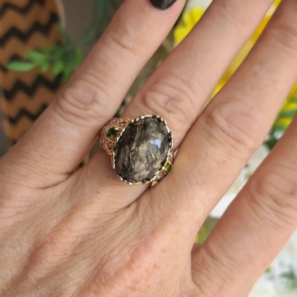 Natural Willemite & Chrome Diopside Ring In 925 Sterling Silver - Picture 3 of 7